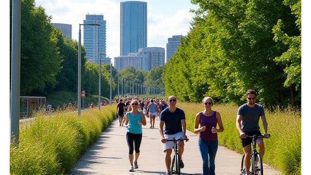 People walking, jogging, and cycling on the Atlanta BeltLine, with lush greenery and modern architecture.
