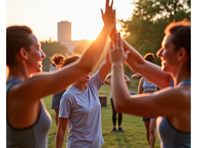 Diverse group of adults in Atlanta exercising together outdoors, smiling and high-fiving, with the city skyline in the background, embodying community and wellness.