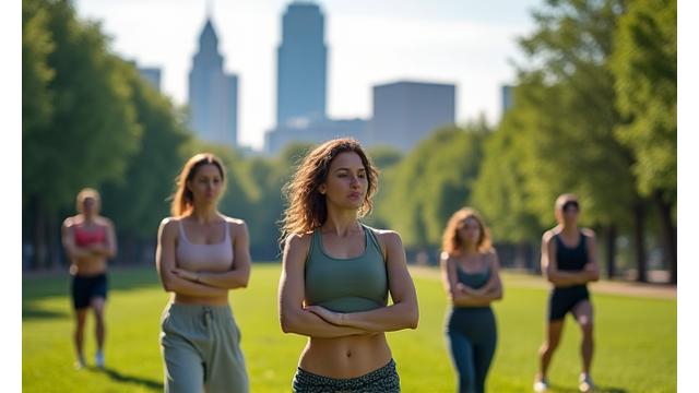 Group of adults performing outdoor yoga in Atlanta's Piedmont Park, with the city skyline dimly visible.