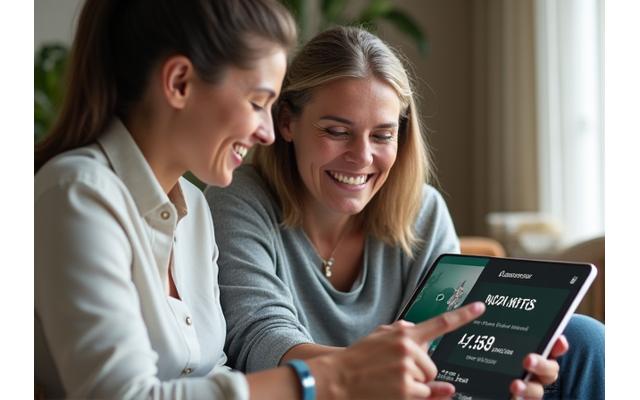Two adults, mid-30s to 50s, smiling and sharing a thoughtful moment over a fitness tracker, symbolizing teamwork and accountability.