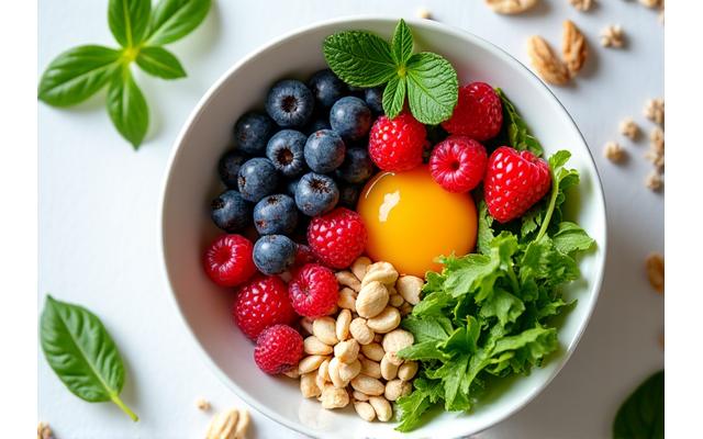 A vibrant bowl of fresh, colorful food like berries, nuts, and greens, representing gut health.