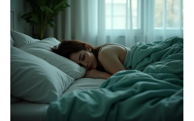A peaceful, dimly lit bedroom with light filtering through, suggesting optimized sleep.