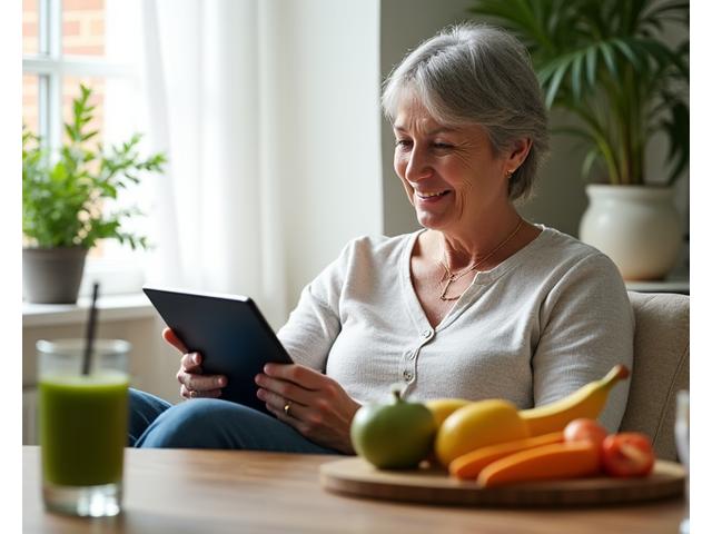 A person happily reading a tablet with a balanced diet on a table, signifying daily wellness insights.