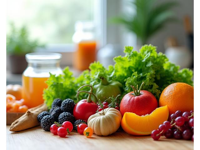 Fresh, vibrant fruits and vegetables in a kitchen setting, representing functional nutrition.