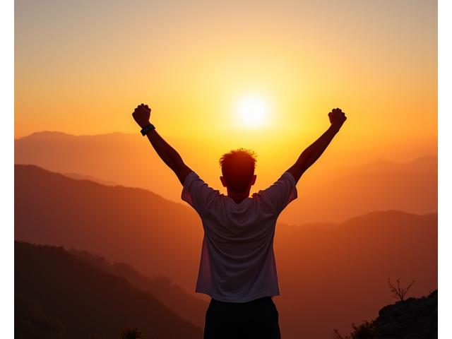 A person triumphantly raising their arms on a mountain top, symbolizing personal wellness achievements and success stories.