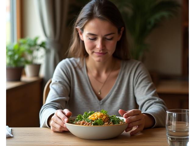 A serene person sitting at a table with a healthy meal, mindfully observing their food, perhaps hands resting gently, conveying calm and presence. Soft, natural light.