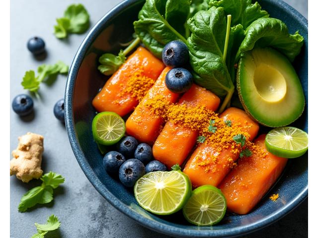A vibrant bowl of fresh, anti-inflammatory ingredients: turmeric, ginger, berries, leafy greens, and fatty fish, presented artfully. Warm, inviting light.