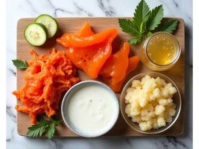 An inviting photo of various fermented foods arranged beautifully: kimchi, sauerkraut, kefir, and kombucha. Focus on natural textures and vibrant colors.