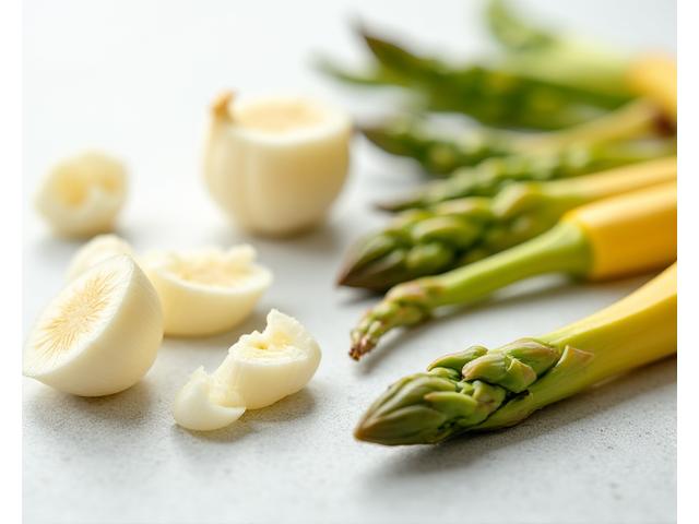 A close-up shot of prebiotic-rich foods like garlic, onions, asparagus, and bananas, cleanly arranged on a rustic wooden board. Focus on natural textures and fresh appearance.