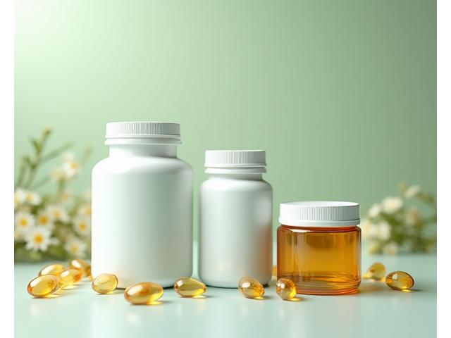 An array of professional supplement bottles, specifically probiotics and digestive enzymes, arranged neatly with a subtle green and blue background. Clean, commercial studio shot.
