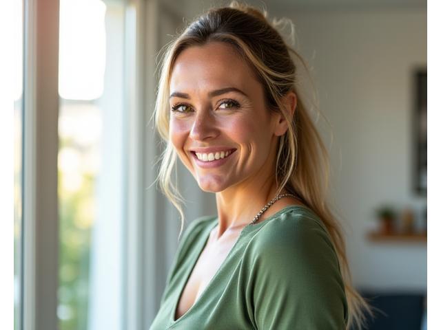 A woman in her late 30s smiling confidently, looking vibrant and well-rested, reflecting a successful lifestyle transformation.