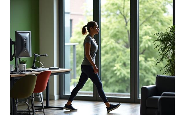 A person doing gentle stretches at their standing desk, or taking a brisk walk in a park during a break, illustrating integrated movement throughout the day.