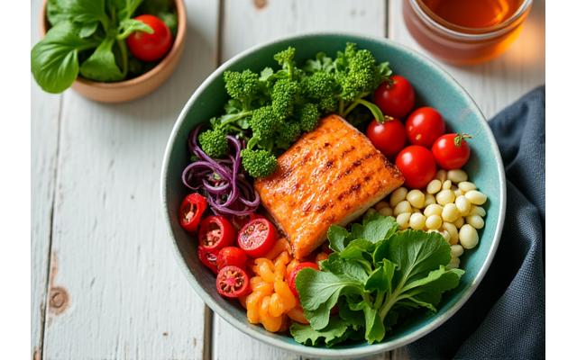 A vibrant, well-composed bowl of fresh, colorful, healthy food, representing balanced nutrition and mindful eating.