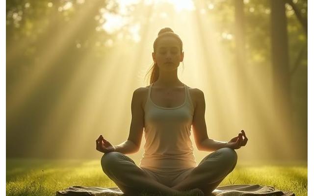 A person calmly meditating outdoors in a peaceful setting, representing effective stress reduction and mindfulness.