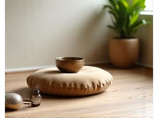 A comfortable meditation cushion with a singing bowl and essential oils, creating a serene atmosphere.