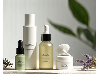 A selection of natural skincare products including serums and moisturizers on a vanity, emphasizing healthy aging.