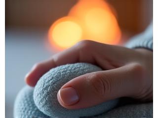 Hands squeezing a stress ball with calming light in the background, symbolizing stress reduction.