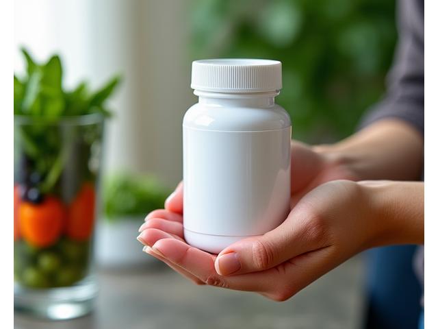 Hands holding a jar of probiotic capsules and a glass with leafy greens, symbolizing gut health.