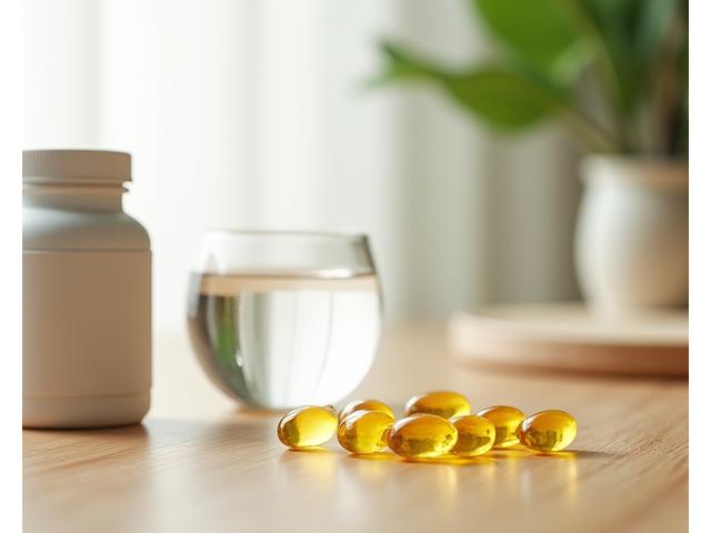 Omega-3 fish oil capsules and a glass of water on a wooden table, emphasizing healthy fats.