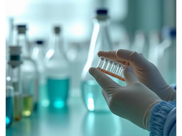 A lab technician's hands in gloves holding a test tube with a clear liquid, representing quality testing.