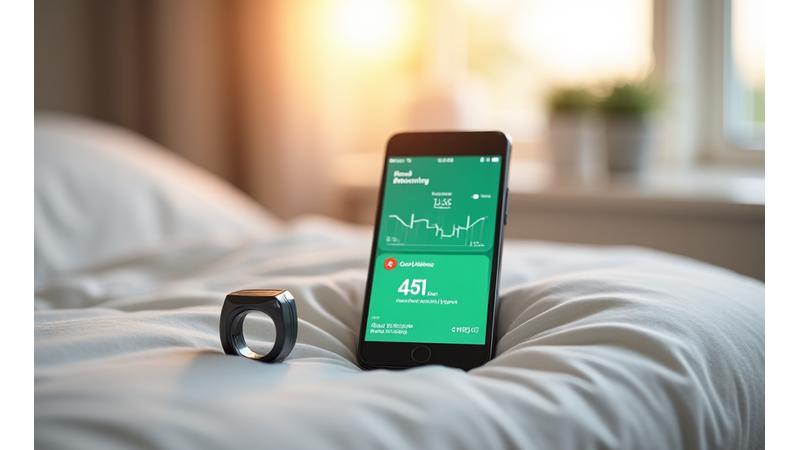 A sleek, modern sleep tracking device on a bedside table with soft, ambient light, connecting to a phone displaying sleep data