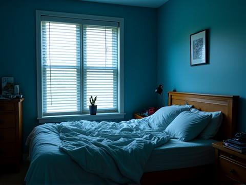 A cluttered, brightly lit bedroom with an old mattress and open blinds, representing a suboptimal sleep environment.