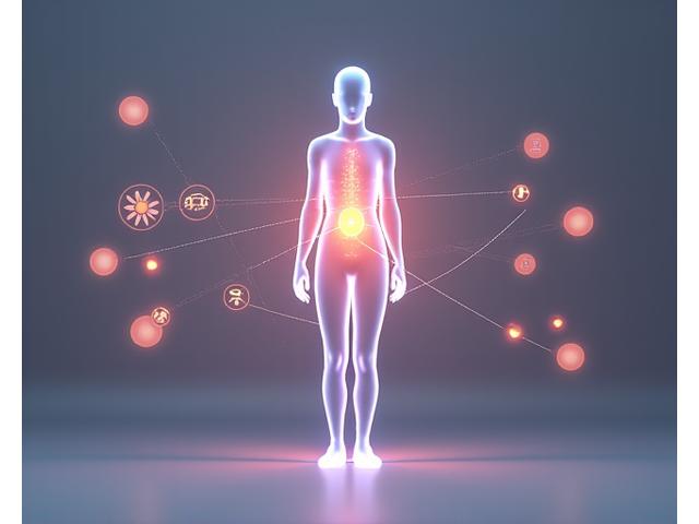 A stylized, scientific visualization of a person with glowing lines representing circadian rhythms, synchronized with a clock and sun/moon icons, illustrating the body's natural sleep-wake cycle.