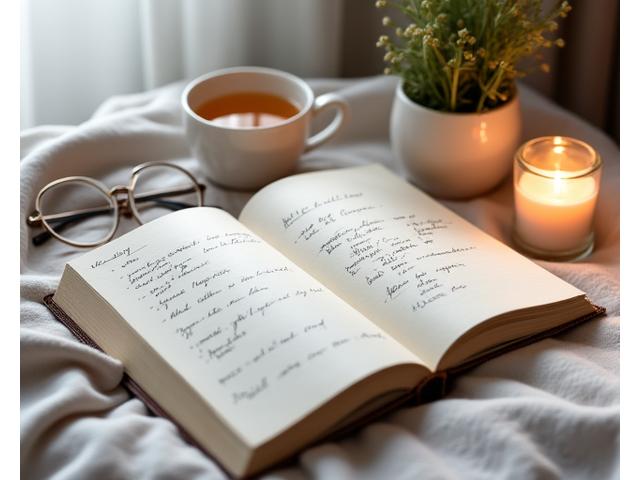 A visually appealing daily planner or journal open to an evening routine section, with entries like 'meditation', 'reading', and 'gentle stretching', surrounded by soft, warm light.