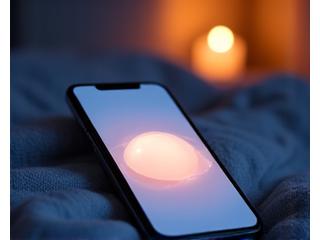 A smartphone screen displaying a sleep meditation app interface with calming visuals and a play button, resting on a soft blanket in a dimly lit setting.