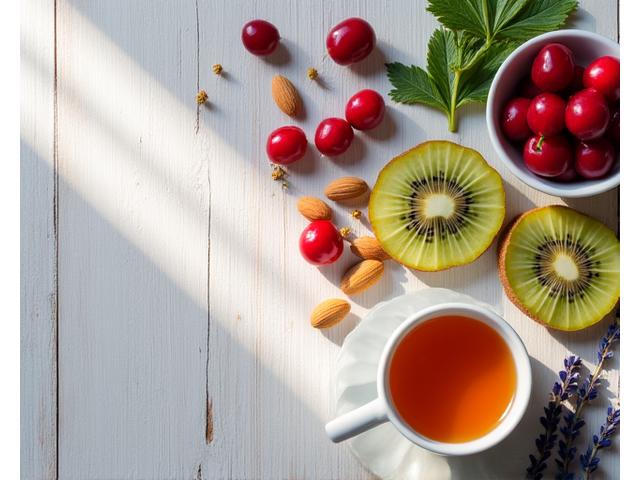 A vibrant flat lay of sleep-supporting foods such as cherries, almonds, kiwis, and a cup of chamomile tea, arranged aesthetically on a rustic wooden table.