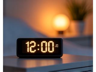 A modern smart alarm clock displaying a gentle sunrise simulation, placed on a bedside table in a neat bedroom, symbolizing optimal wake timing.