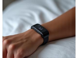 A close-up of a modern, sleek wearable sleep tracking device on a wrist against a soft, blurred background, indicating biometric data collection.